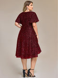 Plus Size Sparkly A-Line V-Neck Sequin Knee-Length Ruffle Formal Dress