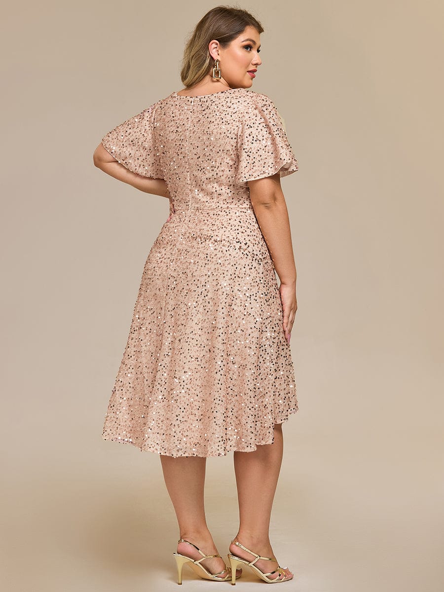 Plus Size Sparkly A-Line V-Neck Sequin Knee-Length Ruffle Formal Dress