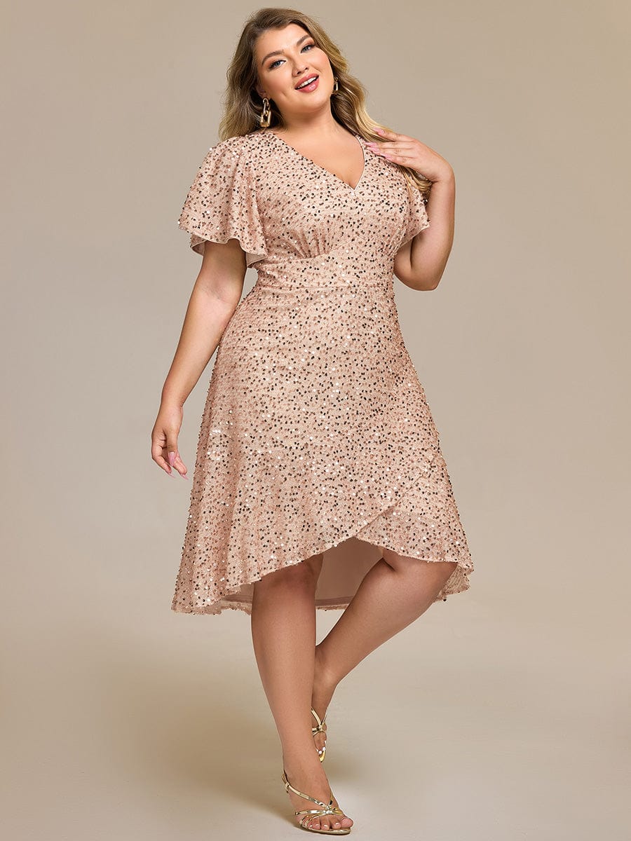 Plus Size Sparkly A-Line V-Neck Sequin Knee-Length Ruffle Formal Dress