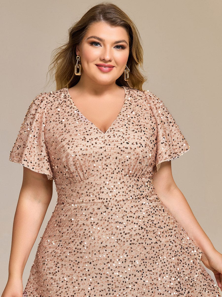 Plus Size Sparkly A-Line V-Neck Sequin Knee-Length Ruffle Formal Dress