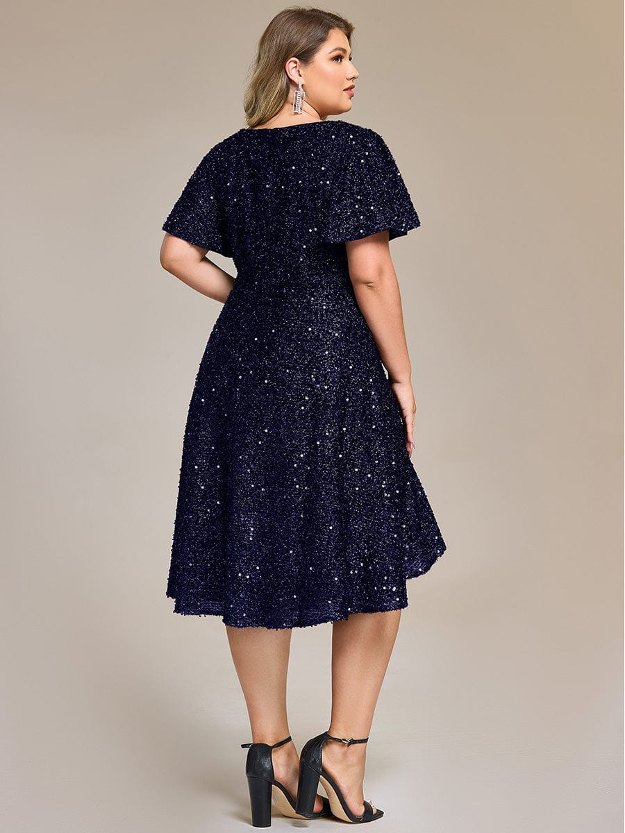 Plus Size Sparkly A-Line V-Neck Sequin Knee-Length Ruffle Formal Dress