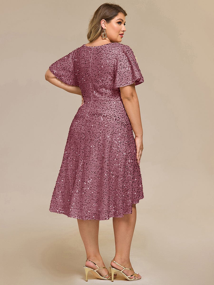 Plus Size Sparkly A-Line V-Neck Sequin Knee-Length Ruffle Formal Dress