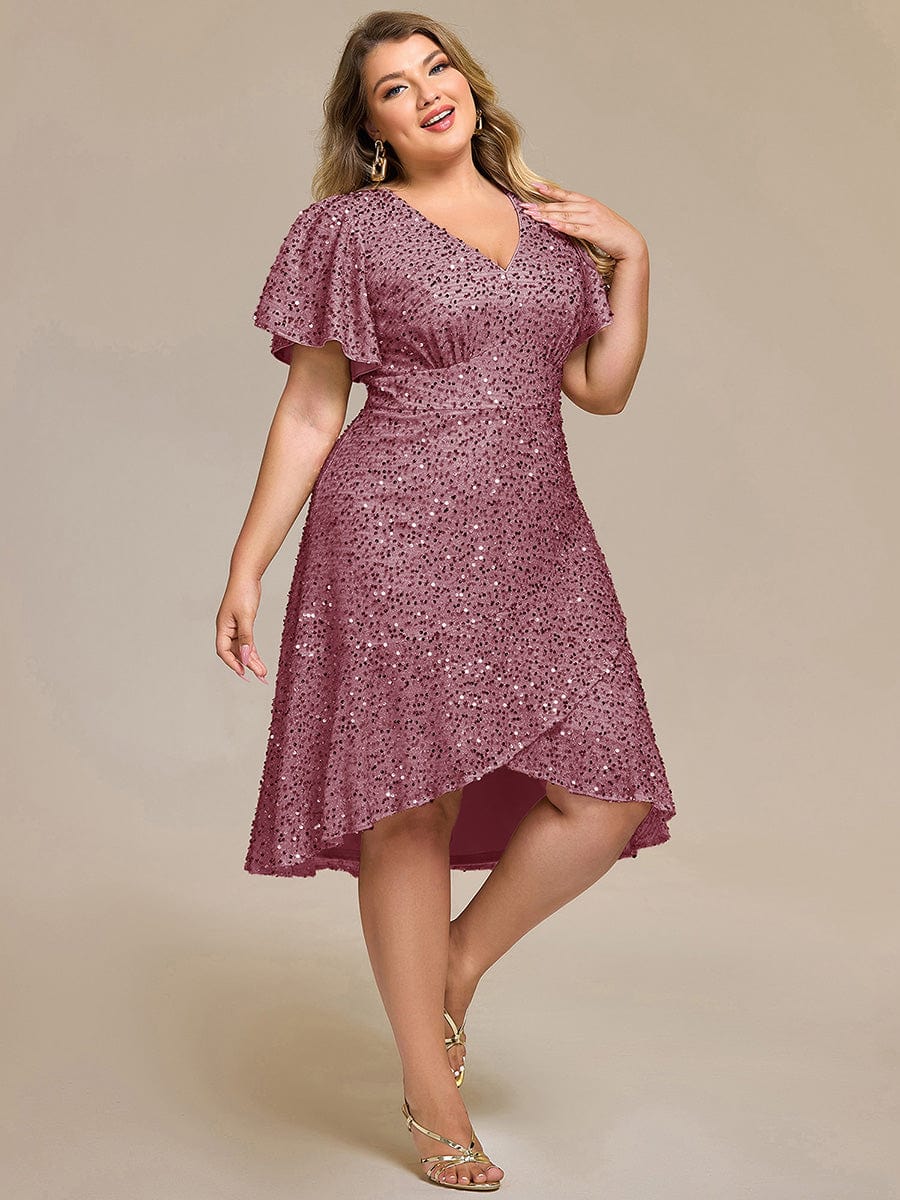 Plus Size Sparkly A-Line V-Neck Sequin Knee-Length Ruffle Formal Dress