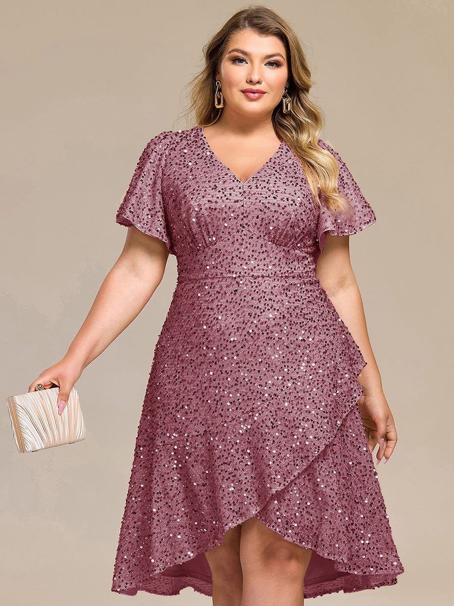 Plus Size Sparkly A-Line V-Neck Sequin Knee-Length Ruffle Formal Dress