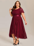 A-Line Plus Size Lace Short Sleeve Scoop Neck Midi Formal Dress with Belt