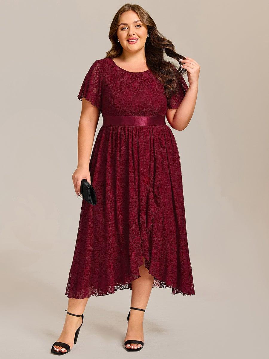 A-Line Short Sleeve Ruffled Empire-Waist Scoop Neck Lace Formal Dress