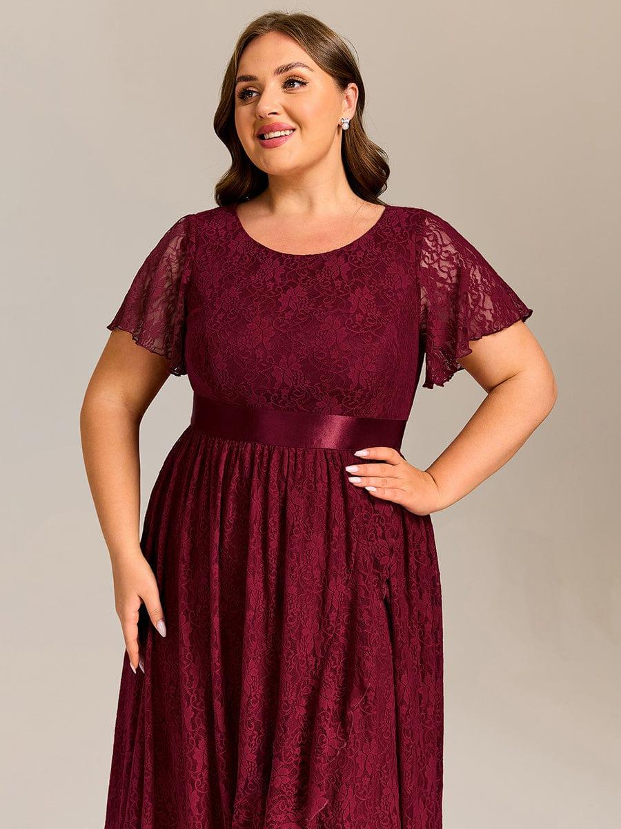 A-Line Plus Size Lace Short Sleeve Scoop Neck Midi Formal Dress with Belt