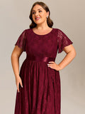 A-Line Plus Size Lace Short Sleeve Scoop Neck Midi Formal Dress with Belt