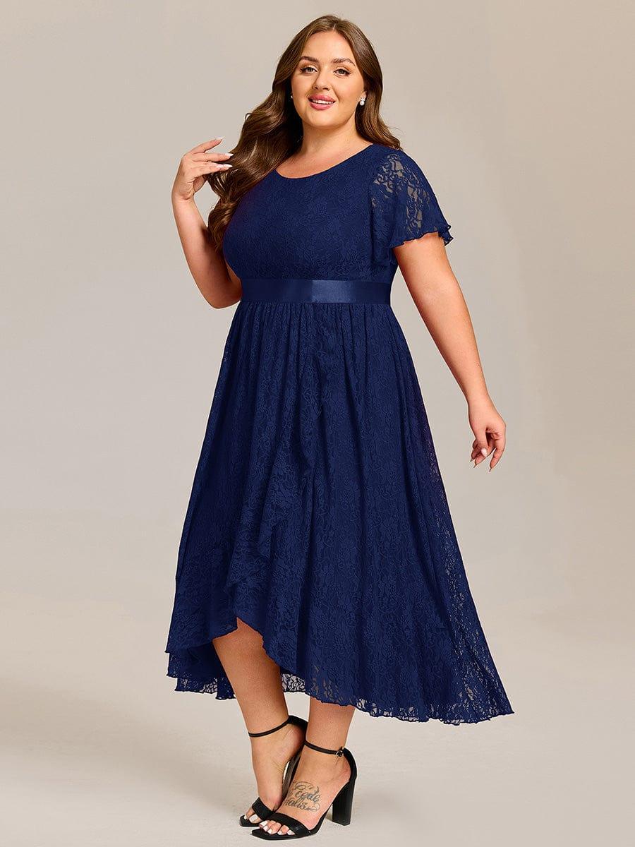 A-Line Plus Size Lace Short Sleeve Scoop Neck Midi Formal Dress with Belt