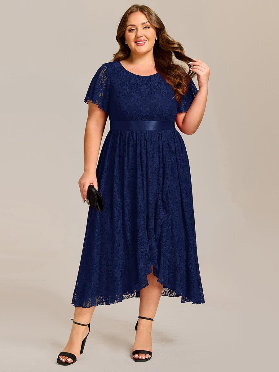 A-Line Plus Size Lace Short Sleeve Scoop Neck Midi Formal Dress with Belt