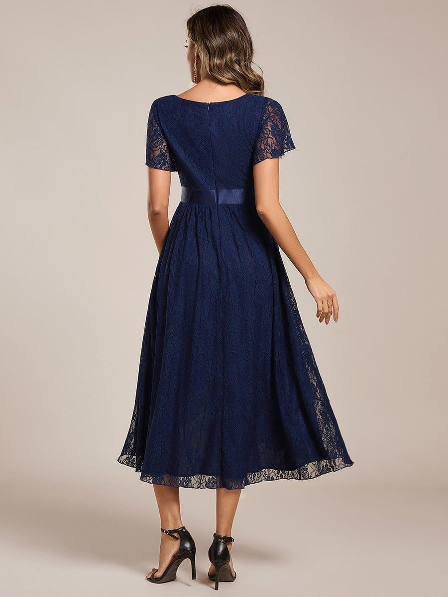 A-Line Short Sleeve Ruffled Empire-Waist Scoop Neck Lace Formal Dress
