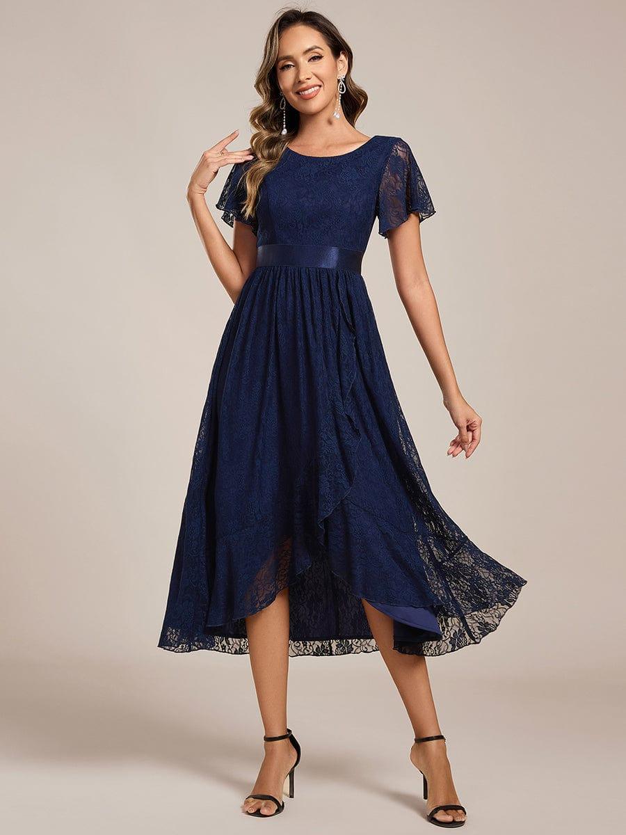 A-Line Short Sleeve Ruffled Empire-Waist Scoop Neck Lace Formal Dress