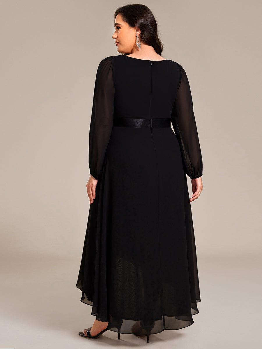 Plus Size A-Line V-Neck Empire-Waist Long Sleeve Chiffon Pleated Formal Dress
