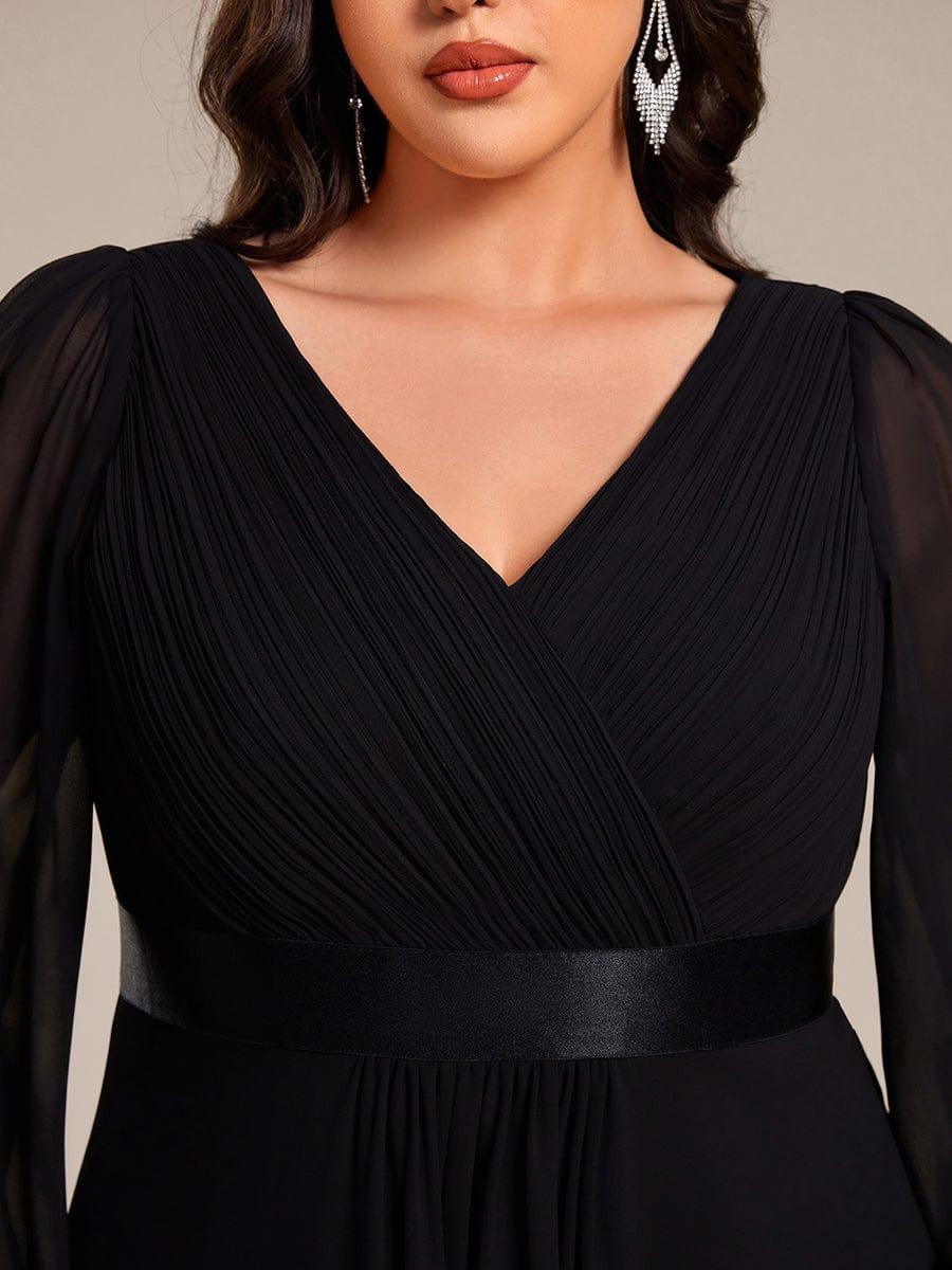 Plus Size A-Line V-Neck Empire-Waist Long Sleeve Chiffon Pleated Formal Dress
