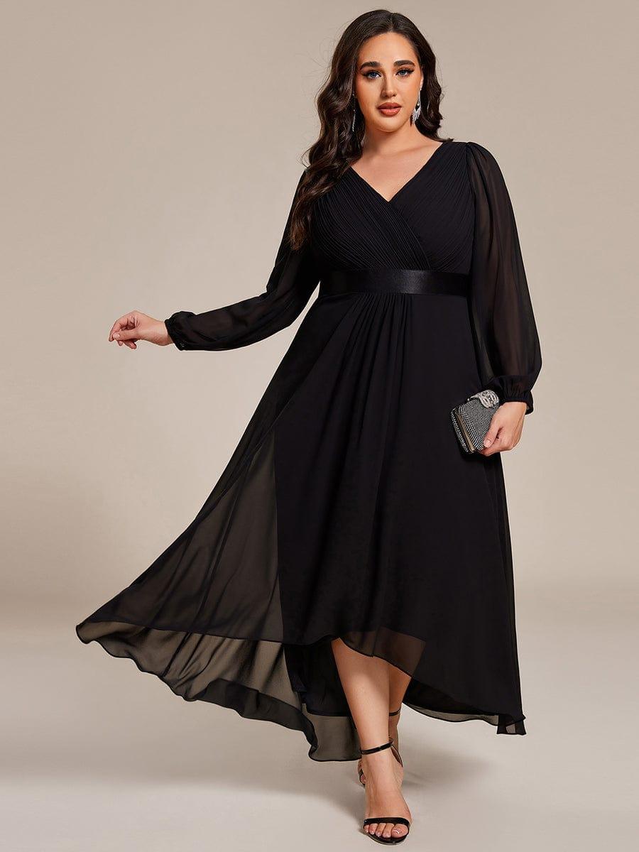 Plus Size A-Line V-Neck Empire-Waist Long Sleeve Chiffon Pleated Formal Dress