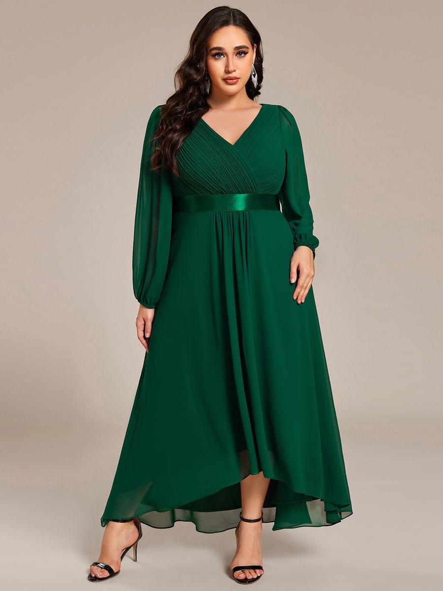 Plus Size A-Line V-Neck Empire-Waist Long Sleeve Chiffon Pleated Formal Dress