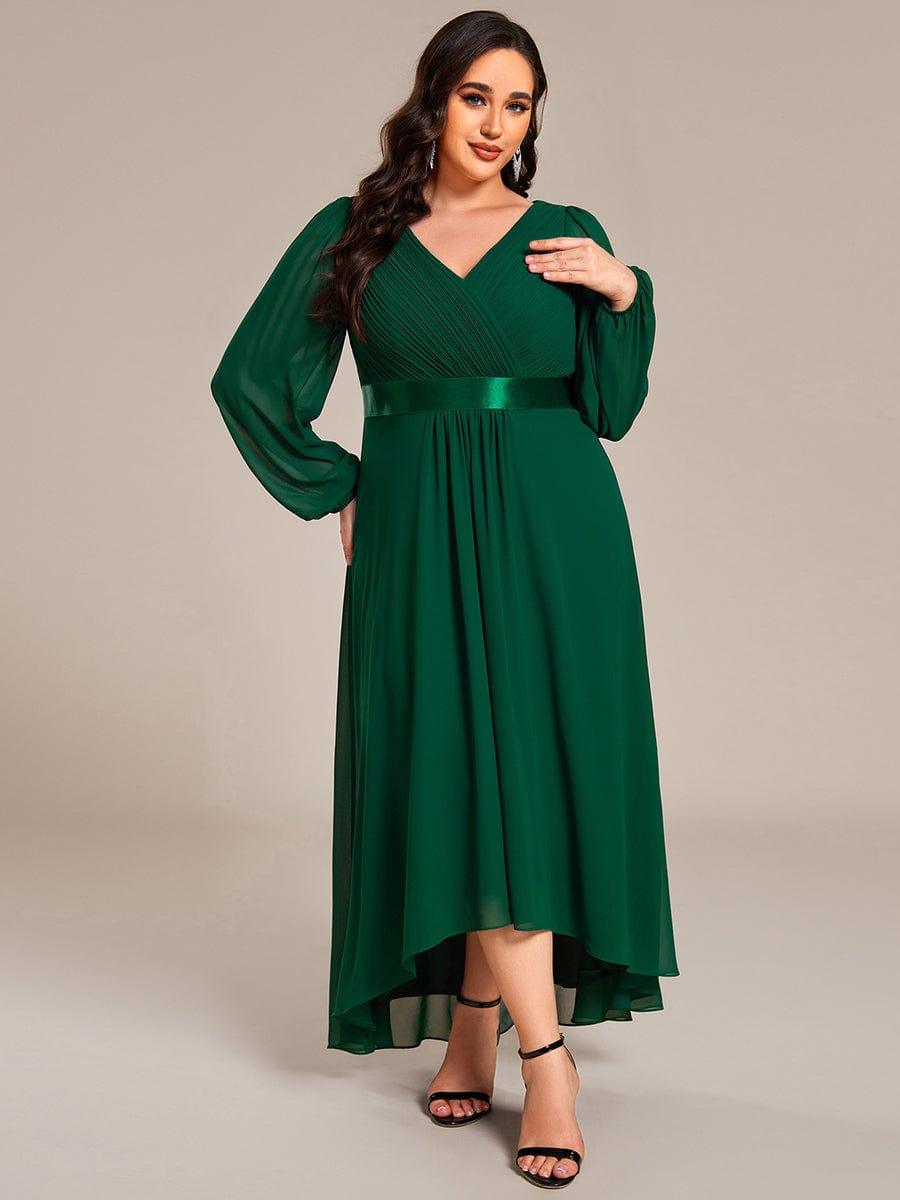 Plus Size A-Line V-Neck Empire-Waist Long Sleeve Chiffon Pleated Formal Dress
