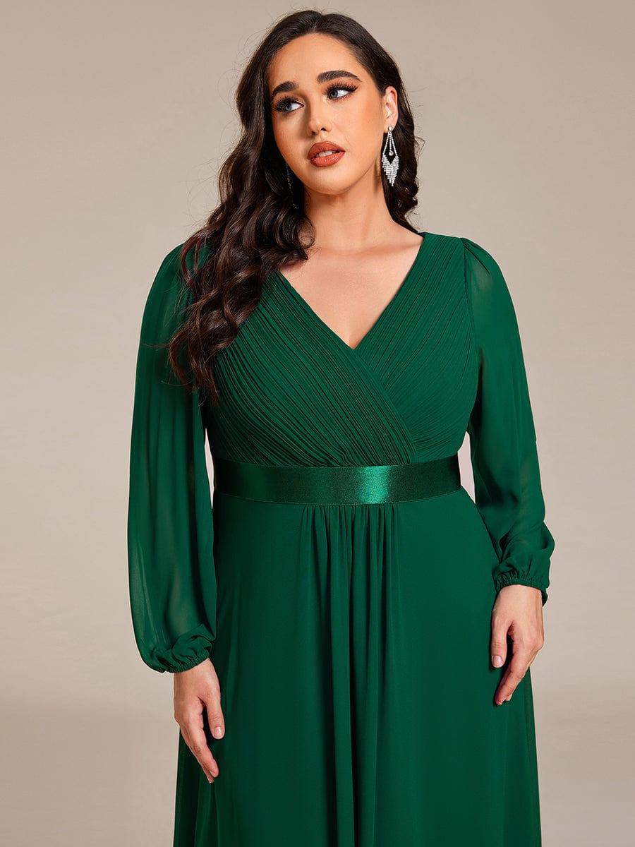 Plus Size A-Line V-Neck Empire-Waist Long Sleeve Chiffon Pleated Formal Dress