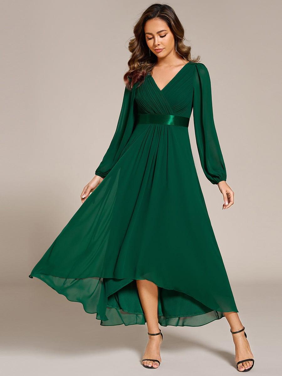 A-Line Empire-Waist Long Sleeve Chiffon Pleated Formal Dress