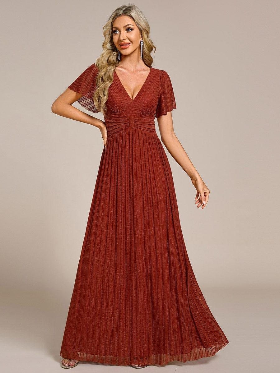Plus Size A-Line V-Neck Short Sleeves Pleated Sparkly Formal Evening Dress