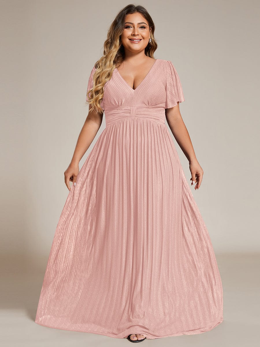 Plus Size A-Line V-Neck Short Sleeves Pleated Sparkly Formal Evening Dress