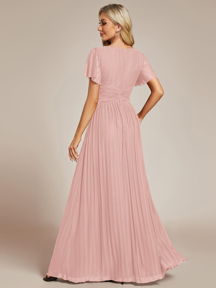 A-Line Glitter Empire-Waist Pleated Short Sleeves V-Neck Formal Evening Dress