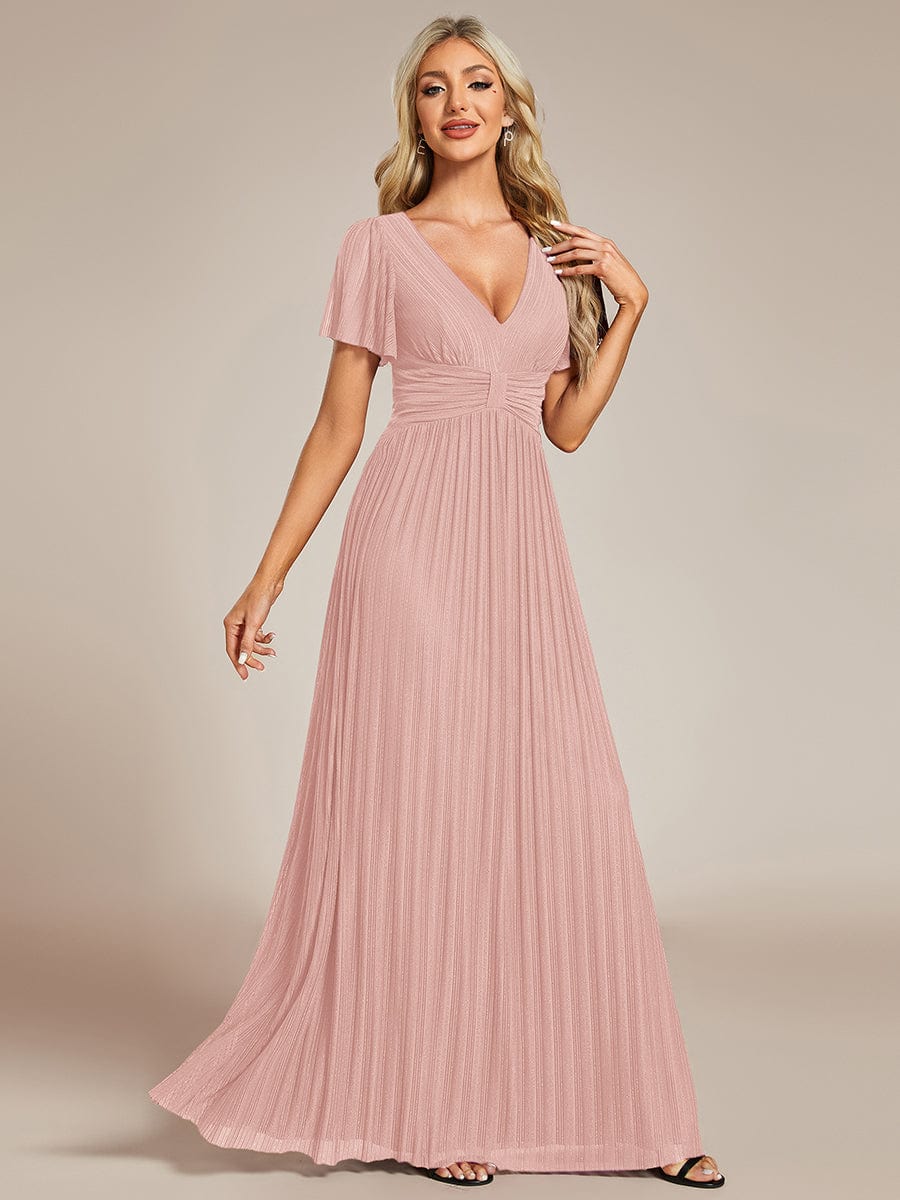 A-Line Glitter Empire-Waist Pleated Short Sleeves V-Neck Formal Evening Dress