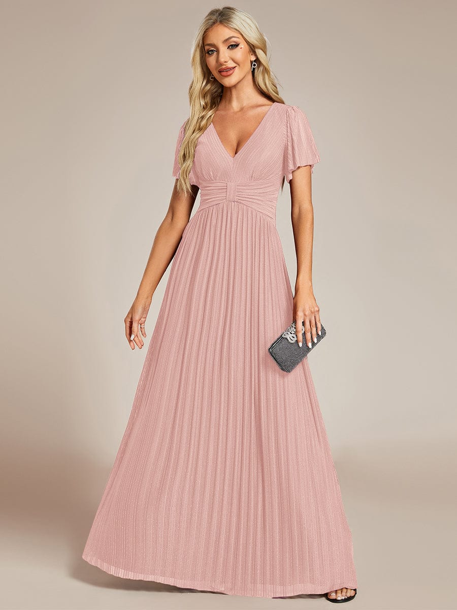 A-Line Glitter Empire-Waist Pleated Short Sleeves V-Neck Formal Evening Dress