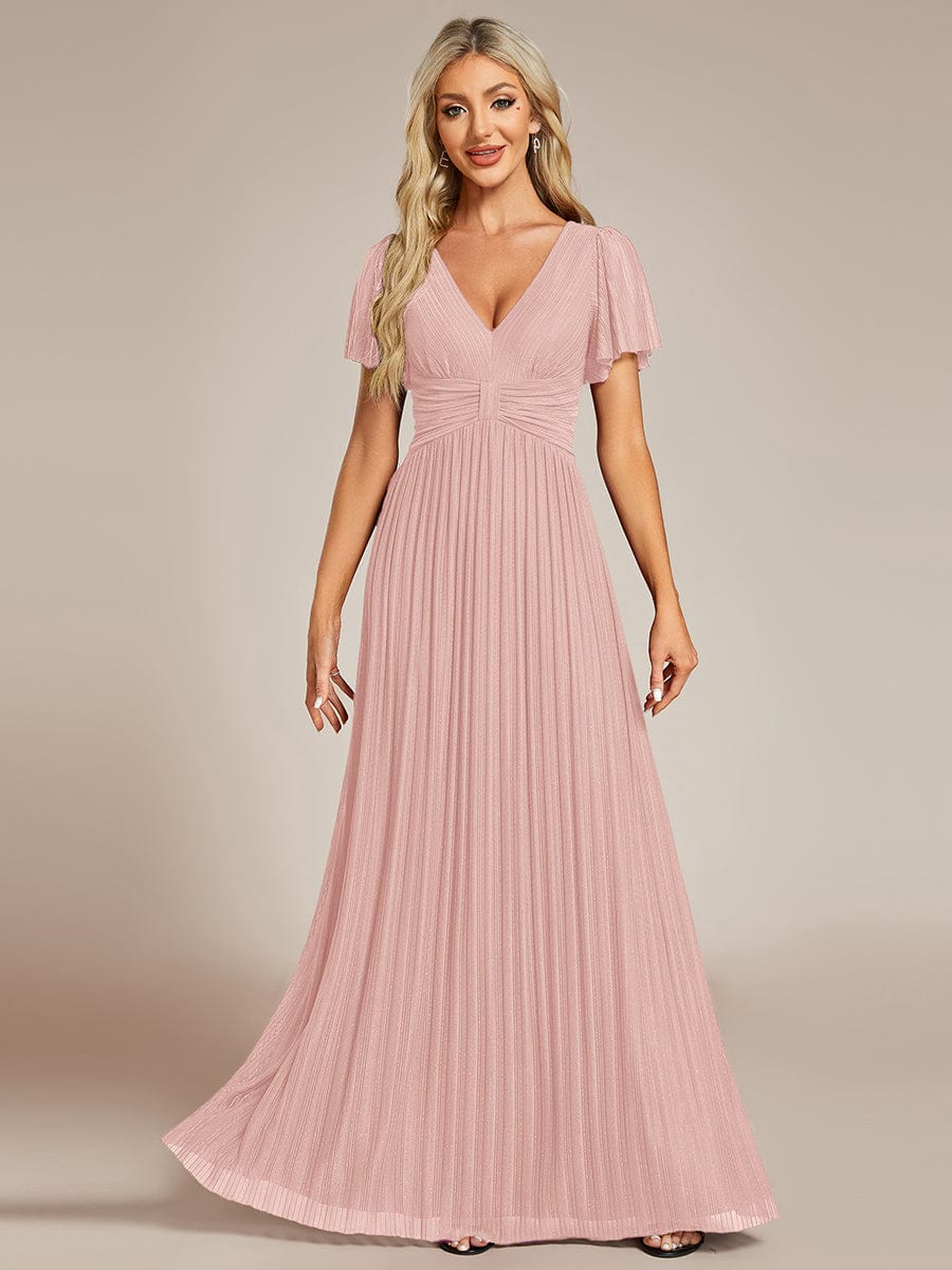 A-Line Glitter Empire-Waist Pleated Short Sleeves V-Neck Formal Evening Dress