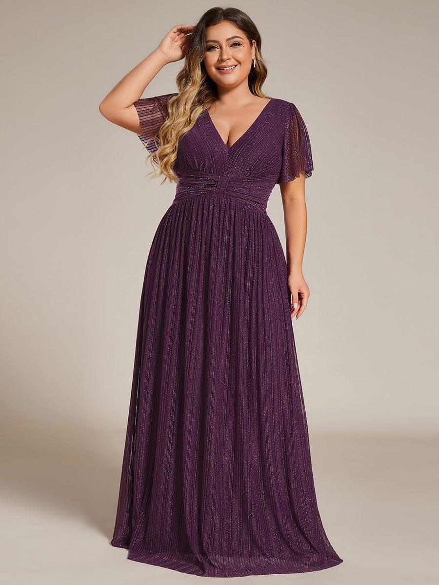 Plus Size A-Line V-Neck Short Sleeves Pleated Sparkly Formal Evening Dress