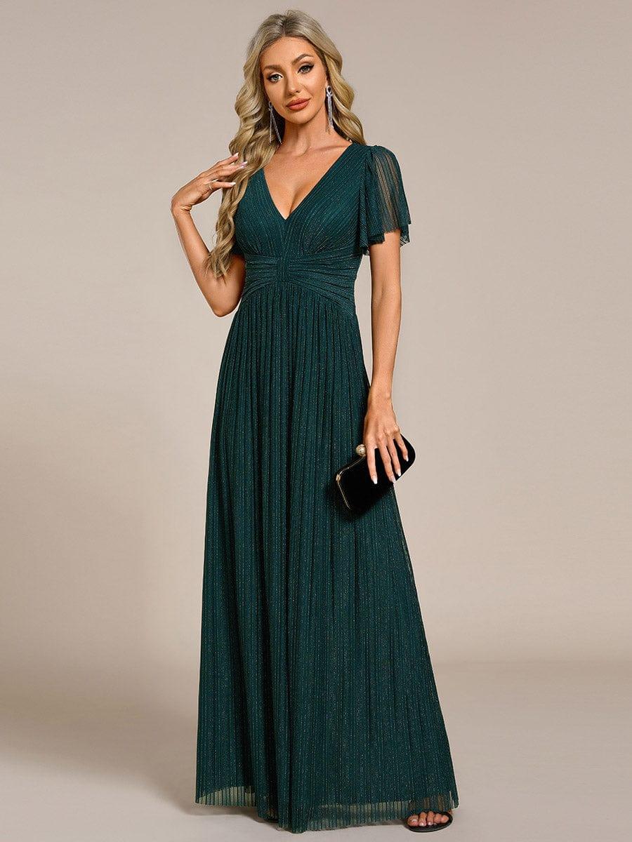A-Line Glitter Empire-Waist Pleated Short Sleeves V-Neck Formal Evening Dress
