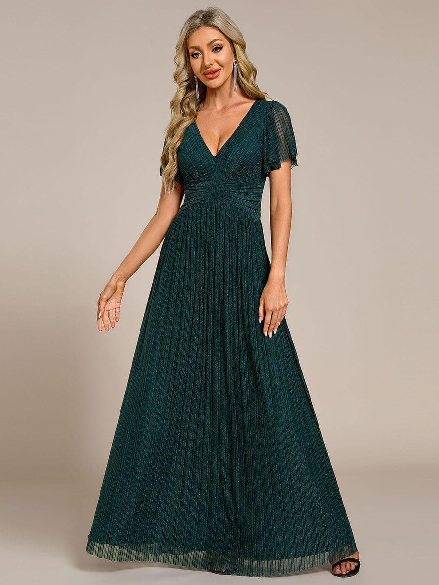 A-Line Glitter Empire-Waist Pleated Short Sleeves V-Neck Formal Evening Dress