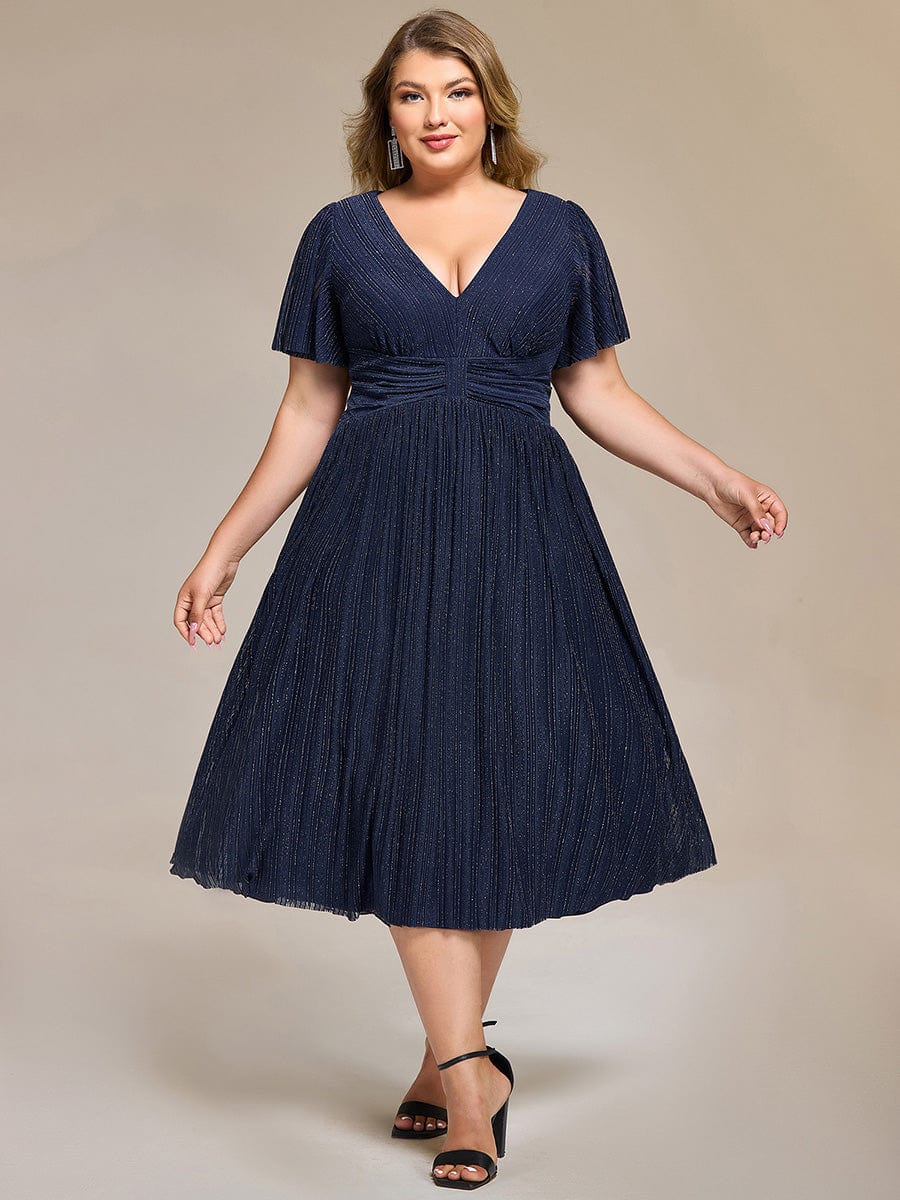 Plus size A-Line Glitter V-Neck Short Sleeves Formal Evening Dress