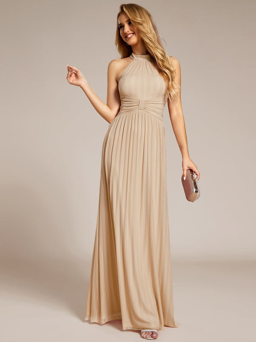 A-Line Empire-Waist Halter Neck Pleated Sleeveless Glitter Formal Evening Dress