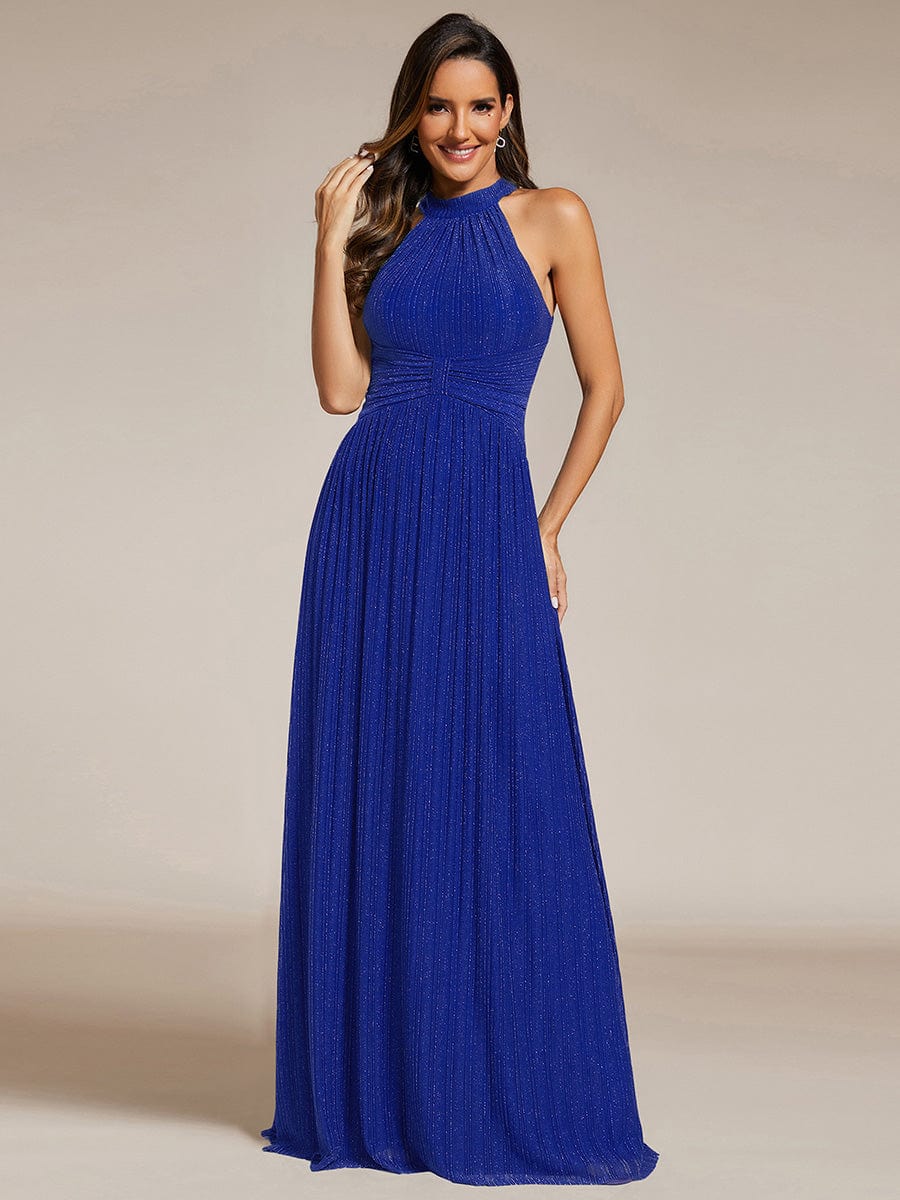 A-Line Empire-Waist Halter Neck Pleated Sleeveless Glitter Formal Evening Dress
