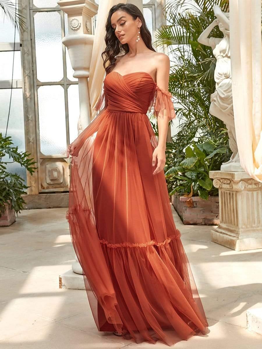 Sweetheart Off-Shoulder Layered Tulle Pleated Bridesmaid Dress