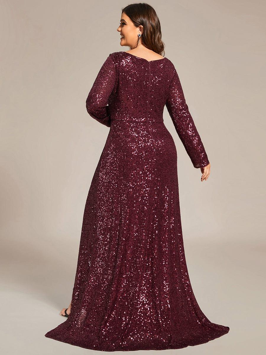 A-Line Sequined V-Neck Long Sleeves Evening Dress with Slit