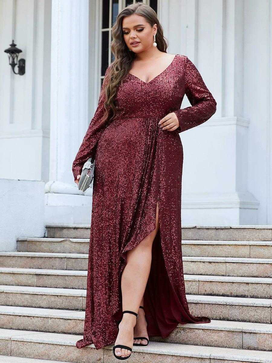 Plus Size A-Line Sequined V-Neck Long Sleeve Evening Dress with Slit