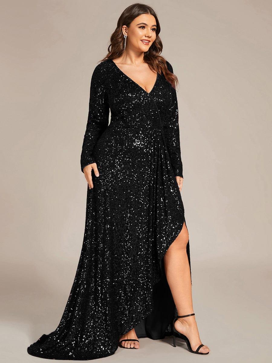 A-Line Sequined V-Neck Long Sleeves Evening Dress with Slit