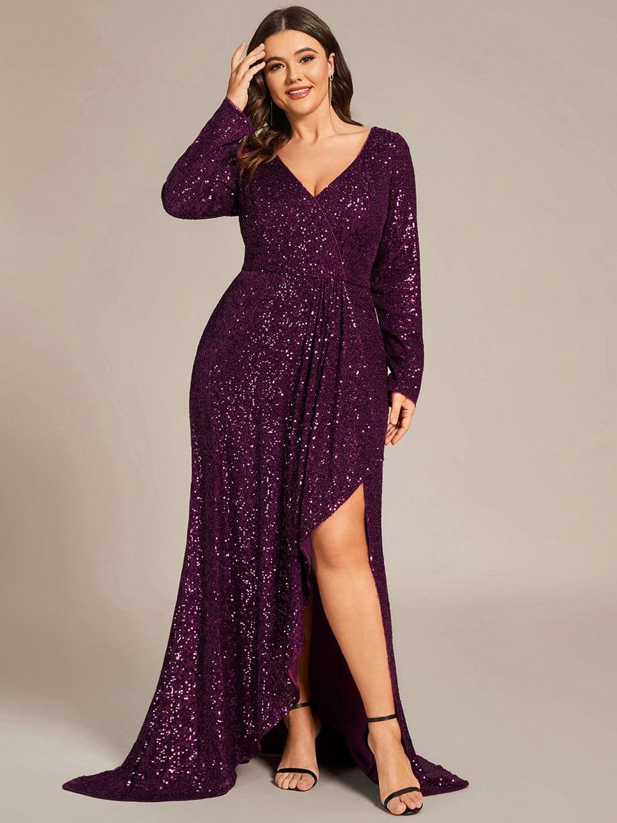 Plus Size A-Line Sequined V-Neck Long Sleeve Evening Dress with Slit