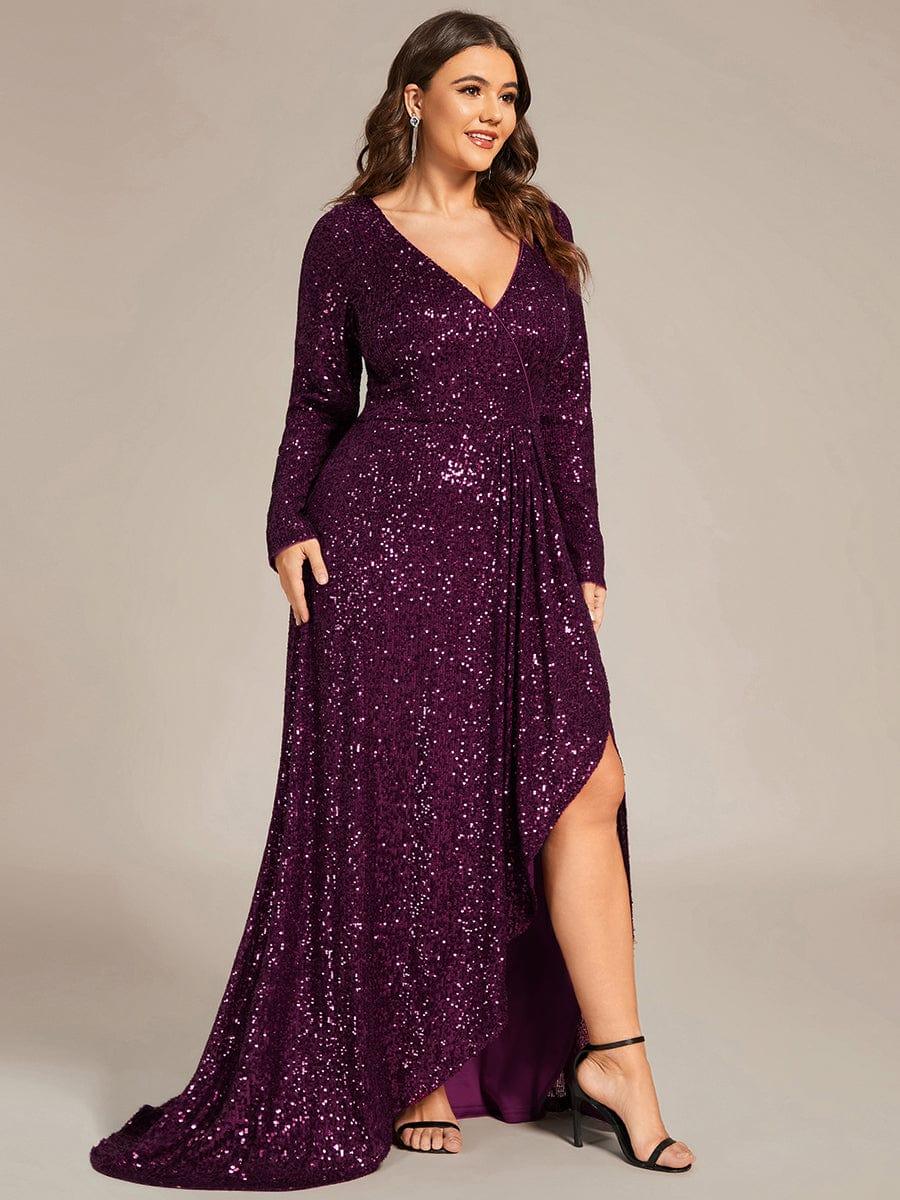 A-Line Sequined V-Neck Long Sleeves Evening Dress with Slit