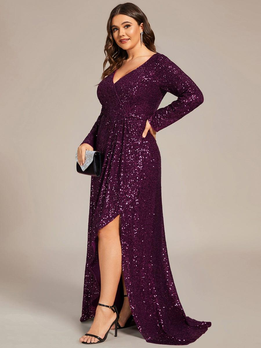 Plus Size A-Line Sequined V-Neck Long Sleeve Evening Dress with Slit