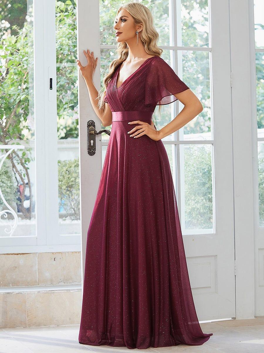 A-Line Glitter V-Neck Short Sleeve Pleated Wedding Guest Dress