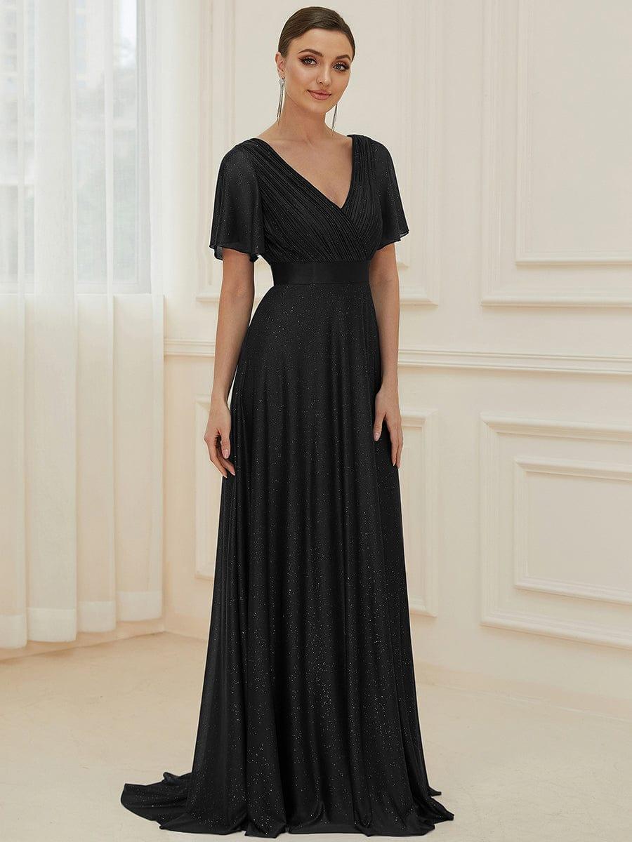 Glitter Short Sleeve A-Line V-Neck Empire-Waist Pleated Bridesmaid Dress