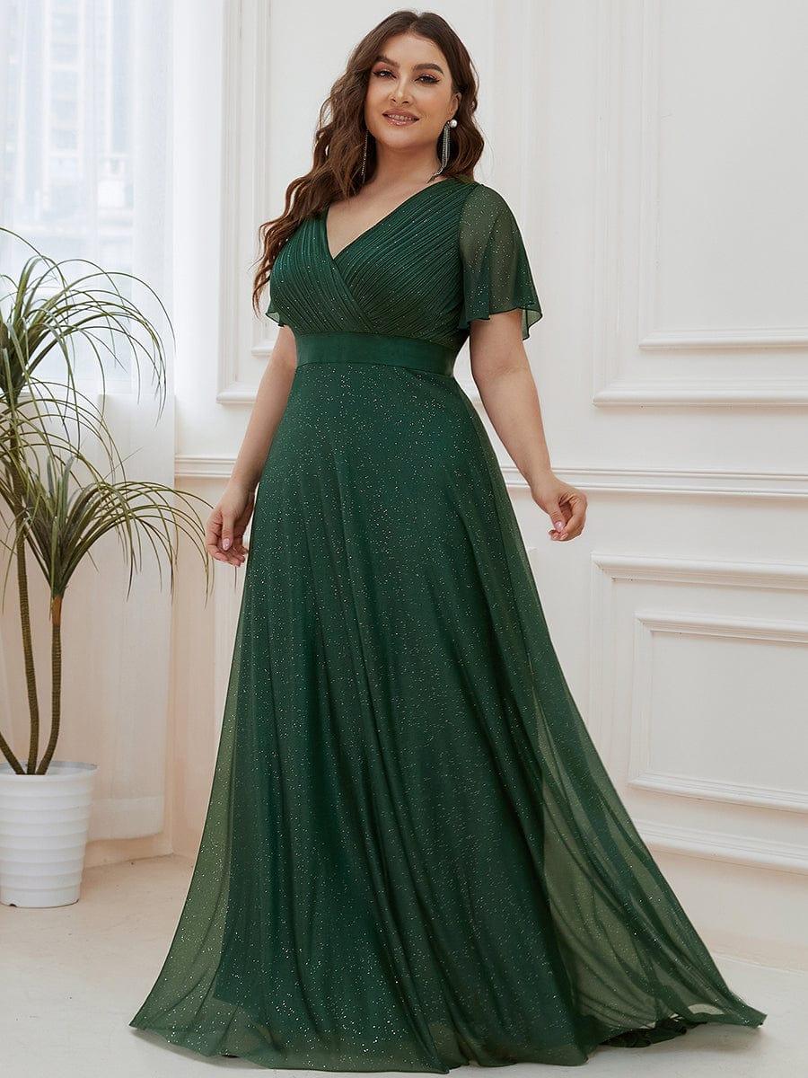 A-Line Plus Size Empire-Waist V-Neck Formal Evening Dress With Short Sleeves