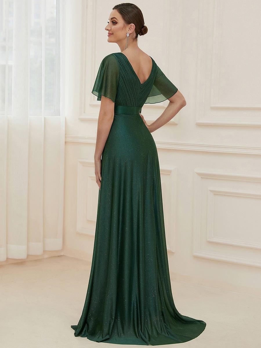A-Line Glitter V-Neck Short Sleeve Pleated Wedding Guest Dress