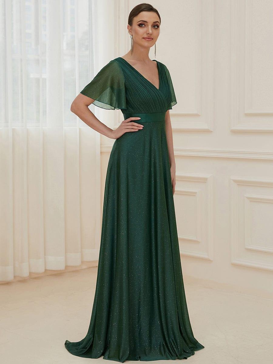 Glitter Short Sleeve A-Line V-Neck Empire-Waist Pleated Bridesmaid Dress