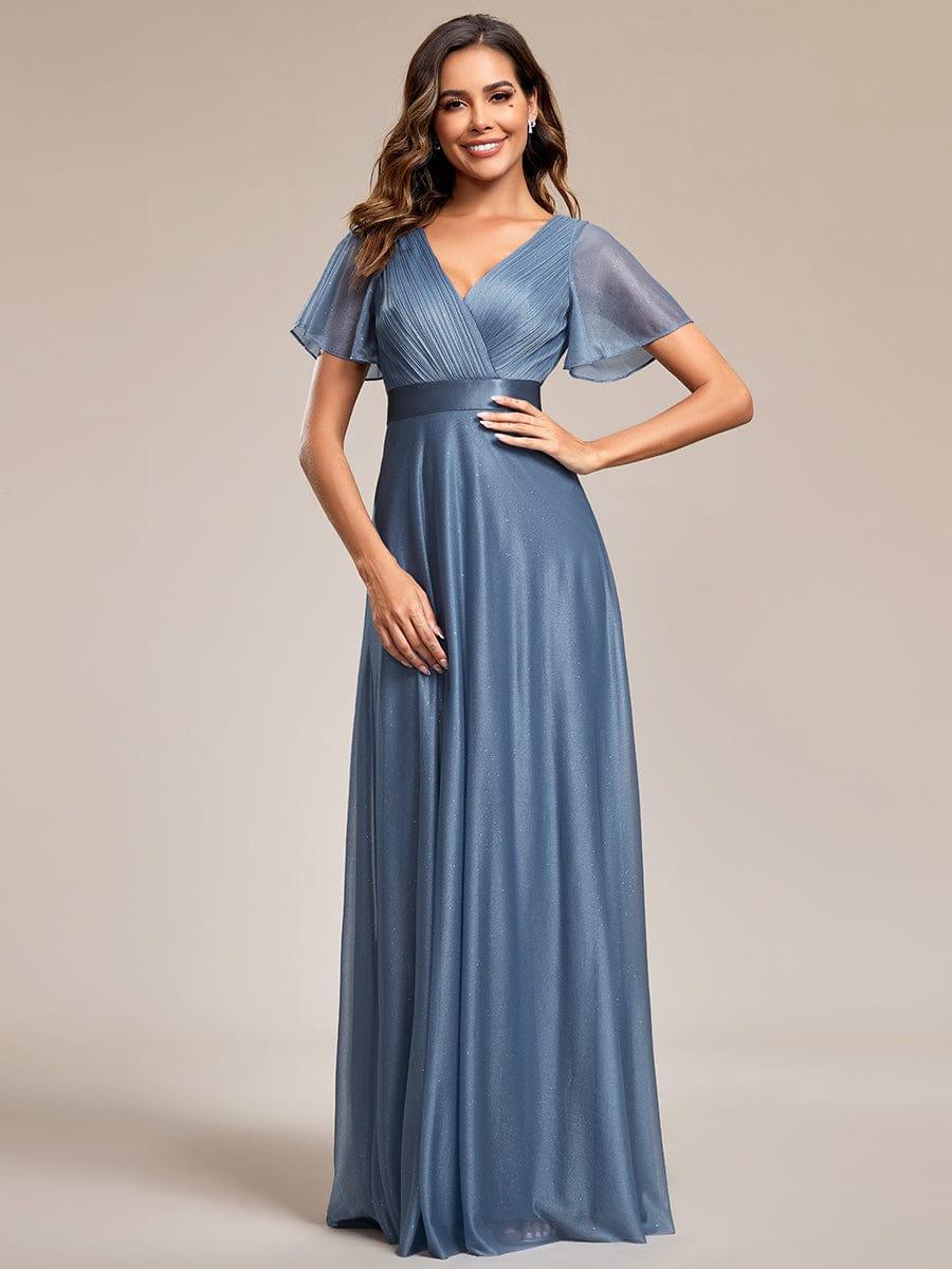 A-Line Glitter V-Neck Short Sleeve Pleated Wedding Guest Dress