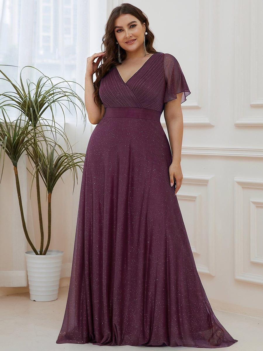 A-Line Plus Size Empire-Waist V-Neck Formal Evening Dress With Short Sleeves