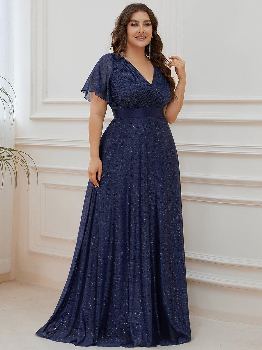 A-Line Plus Size Empire-Waist V-Neck Formal Evening Dress With Short Sleeves